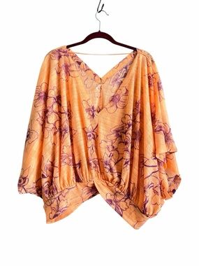 Free People Peach Floral Batwing Crop Top Size Large – Airy Boho Blouse L